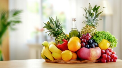 Close-up of vibrant fresh fruits and vegetables arranged in a balanced layout on a wooden table, symbolizing healthy gut nutrition and natural wellness.