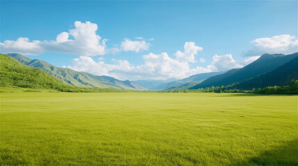 A vast open green field with rolling hills under a clear blue sky. The peaceful landscape evokes feelings of freedom, nature, and outdoor exploration.