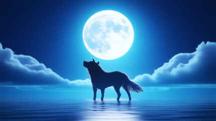 A wolf standing under a full moon, reflected in a calm lake. Atmospheric and mysterious, ideal for concepts of solitude and wilderness.