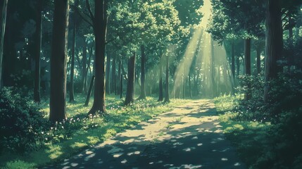 Obraz premium Vivid anime style afternoon forest illustration with soft light and lush trees, enchanting scenic background in fantasy landscape art