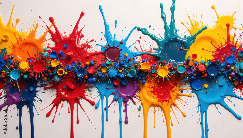 Poster colorful paint splatters forming unique creative patterns.