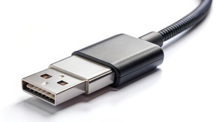 A close-up image of a USB cable connector, highlighting its metallic port and black cable, commonly used for data transfer and charging devices.