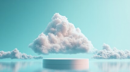 Minimalistic cloud podium suspended in a pale blue sky