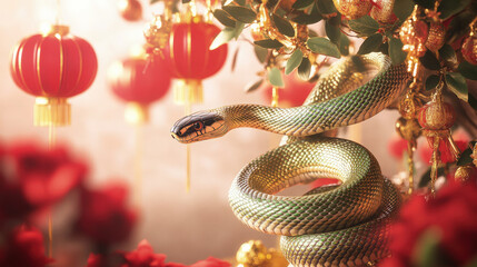 A majestic snake entwines around a decorated Chinese New Year tree, its shimmering golden and green scales adding to the festive atmosphere, with red lanterns and golden ornaments symbolizing prosperi