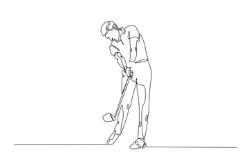 Man playing golf continuous one line drawing. professional golfer swinging the stick in single line art illustration. Editable vector.