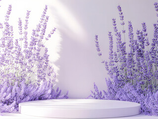 White circular podium surrounded by lavender flowers on white background