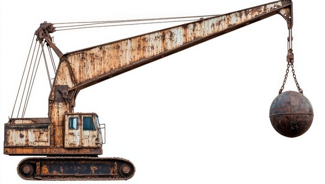 Rusty old crane with wrecking ball isolated on white background. - Powered by Adobe