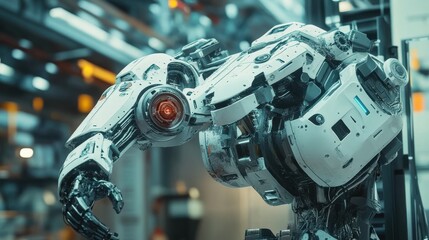 Fototapeta premium Detailed robot arm in futuristic industrial setting with advanced design