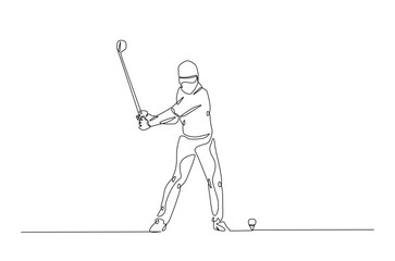 Man playing golf continuous one line drawing. professional golfer swinging the stick in single line art illustration. Editable vector.