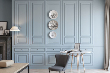 Interior space blue gray wall decorative plates art pieces