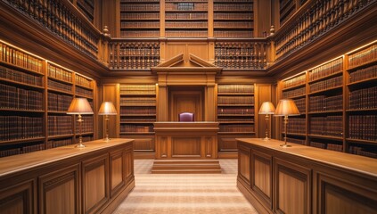 Obraz premium Grand wooden library interior with bookshelves, desk, and lamps.