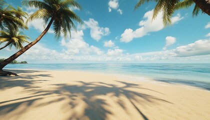 Tropical beach with clear skies and shadows of coconut trees on soft golden sand
