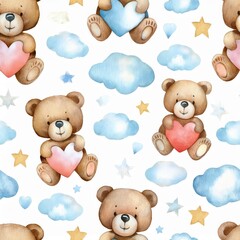 Fototapeta premium Sweet Dreams: Watercolor Bears and Hearts Seamless Pattern 