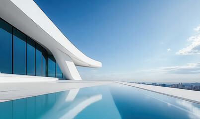 White modern building facade, swimming pool outside the building