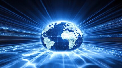 Fototapeta premium Glowing Earth Surrounded by Dynamic Blue Light Rays and Patterns