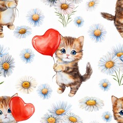 Estores personalizados con tu foto Cute Kitten with Heart Balloon Seamless Pattern 
