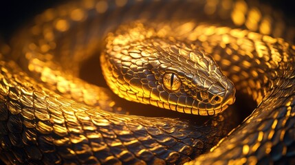 Obraz premium A close-up of a snake intricate golden-accented scales, glowing softly on a dark background, evoking mystique and Chinese New Year symbolism.