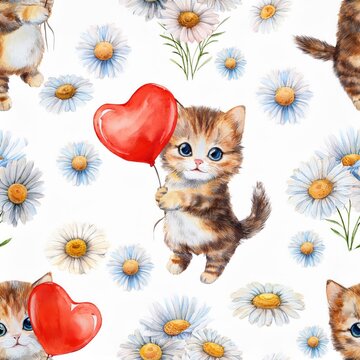 Cute Kitten with Heart Balloon Seamless Pattern 
