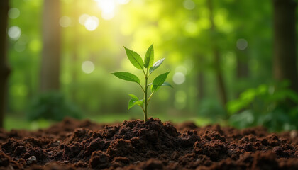 Seedling breaking through the soil, symbolizing growth and new beginnings, against a fresh earth backdrop with copy space