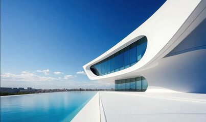 Fototapeta premium White modern building facade, swimming pool outside the building