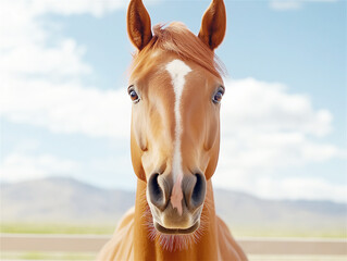 Close-up of a brown horse with a curious expression in a sunny open field. The vibrant background enhances the charm of the animal.