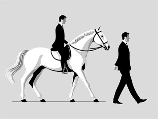 Fototapeta premium A man walks alongside a rider on a white horse in a minimalist black and white design, representing partnership and motion in perfect harmony.