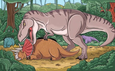 A Tyrannosaurus Rex biting a large fruit in a misty jungle filled with ferns and a glowing orb