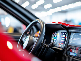 Interior view of a luxurious sports car cockpit showcasing a sleek dashboard, leather steering...