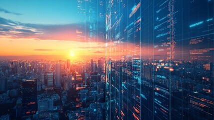 Warm Light Cityscape with Infographics and High Contrast