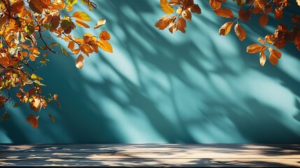 Blue green wall background with sunlight superimposed shadow leaves on the wall and wooden table. autumn background template for product presentation concept, 8k Resolution 