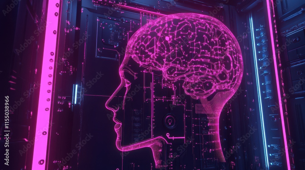 Poster neon brain interface with circuit patterns in futuristic technology