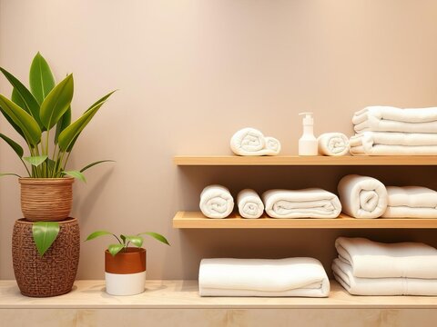 Neatly stacked towels on a shelf beside a potted plant, creating an organized display with copy space for text or design, potted plant, spa