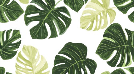 Fototapeta premium Tropical Monstera Deliciosa Leaves Pattern: A Vibrant Green and White Botanical Illustration