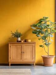 Wooden Cabinet Decorated With Plants Against Yellow Wall
