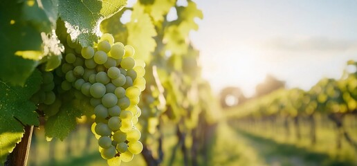 Sunlit green grapes hanging on vine in vineyard.