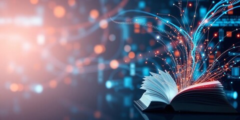 Open book with pages flipping and transforming into pixels and data stream, pixels, education