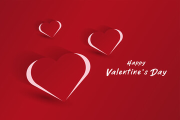 Set of three simple and artistic hearts design with a white and red heart outline casting a shadow, set on a red background with holiday-themed text in pink.