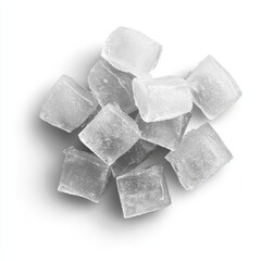 Pile of translucent, cubic ice cubes on white.