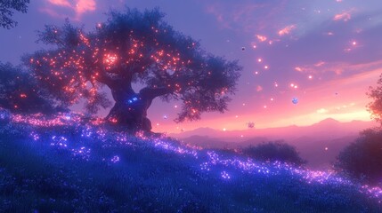 Fototapeta premium A mystical landscape featuring a glowing tree amidst a vibrant, colorful twilight scene.