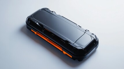 A futuristic electric bike battery pack with a sleek design, placed against a white backdrop for eco-friendly transportation ads.