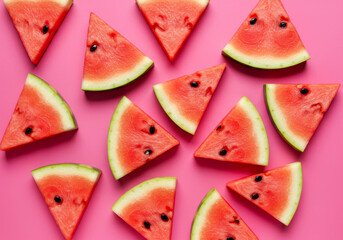 Vibrant Sliced Watermelons Arranged on a Pink Background
