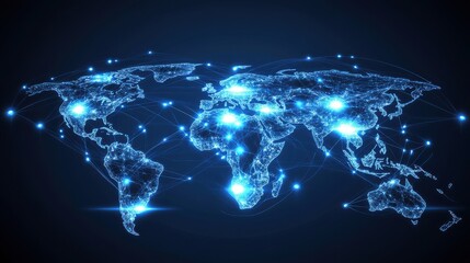 Digital World Map with Glowing Network Connections in Blue