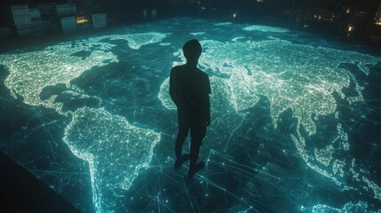 Fototapeta premium Human Figure Overlooking Digital World Map with Connection Lines