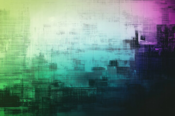 Obraz premium Abstract digital glitch art featuring a gradient of green, blue, and purple colors with pixelated and textured patterns. Concept of modern art, technology, and digital aesthetics