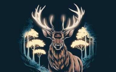A fantasy deer with glowing horns in a mystical forest of radiant trees emitting golden light