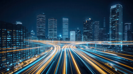 A city skyline at night with light trails on the highway