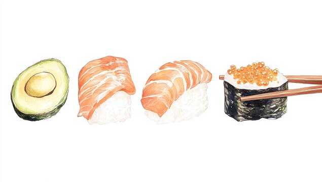 Watercolor sushi illustration avocado, salmon nigiri, and gunkan maki with caviar. - Powered by Adobe