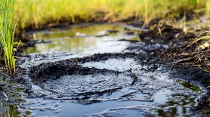 Fototapeta premium Chemical Spill Impacting Farmlands Under Bright Sunlight