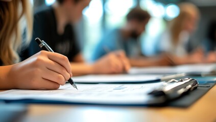 Close-up of a student's hand writing on paper during an exam or class.