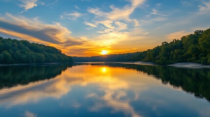 Fototapeta premium Serene Sunset over a Calm Lake. Nature, Tranquility, Scenic Landscape